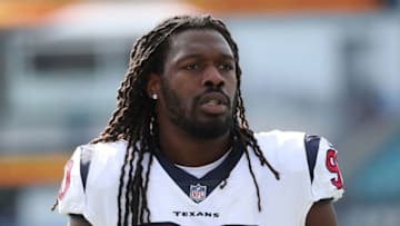 JACKSONVILLE, FL - DECEMBER 17: Jadeveon Clowney #90 of the Houston Texans warms up on the field prior to the start of a game against the Jacksonville Jaguars at EverBank Field on December 17, 2017 in Jacksonville, Florida. (Photo by Logan Bowles/Getty Images)