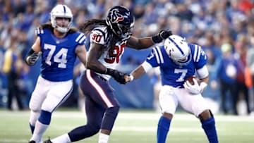INDIANAPOLIS, IN - DECEMBER 31: Jadeveon Clowney #90 of the Houston Texans sacks Jacoby Brissett #7 of the Indianapolis Colts during the first half at Lucas Oil Stadium on December 31, 2017 in Indianapolis, Indiana. (Photo by Andy Lyons/Getty Images)