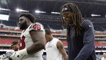 HOUSTON, TX - SEPTEMBER 23: DeAndre Hopkins #10 of the Houston Texans and D.J. Reader #98 walk off the field after the game against the New York Giants at NRG Stadium on September 23, 2018 in Houston, Texas. (Photo by Tim Warner/Getty Images)