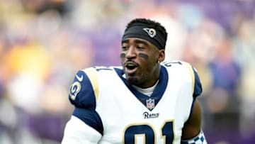 MINNEAPOLIS, MN - NOVEMBER 19: Kayvon Webster #21 of the Los Angeles Rams warms up before the game against the Minnesota Vikings on November 19, 2017 at U.S. Bank Stadium in Minneapolis, Minnesota. (Photo by Hannah Foslien/Getty Images)