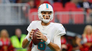 ATLANTA, GA - AUGUST 30: Brock Osweiler #8 of the Miami Dolphins runs the offense against the Atlanta Falcons at Mercedes-Benz Stadium on August 30, 2018 in Atlanta, Georgia. (Photo by Kevin C. Cox/Getty Images)