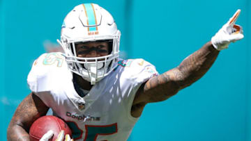 MIAMI, FL - SEPTEMBER 23: Xavien Howard #25 of the Miami Dolphins grabs the interception during the first quarter against the Oakland Raiders at Hard Rock Stadium on September 23, 2018 in Miami, Florida. (Photo by Marc Serota/Getty Images)