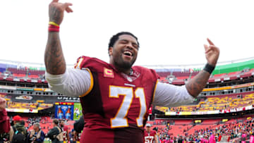 LANDOVER, MD - OCTOBER 04: Trent Williams #71 of the Washington Redskins celebrates after beating the Philadelphia Eagles 23-20 at FedExField on October 4, 2015 in Landover, Maryland. (Photo by Evan Habeeb/Getty Images)