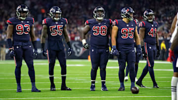 HOUSTON, TX - DECEMBER 1: Joel Heath #93, Benardrick McKinney #55, D.J. Reader #98 and Eddie Vanderdoes #95 of the Houston Texans at the line of scrimmage during the second half of a game against the New England Patriots at NRG Stadium on December 1, 2019 in Houston, Texas. The Texans defeated the Patriots 28-22. (Photo by Wesley Hitt/Getty Images)