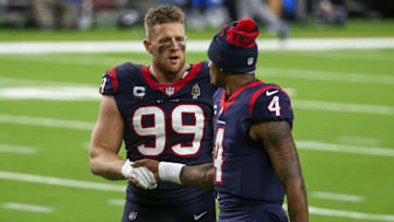Houston Texans J.J. Watt (99) Texans quarterback Deshaun Watson (4) Mandatory Credit: Troy Taormina-USA TODAY Sports