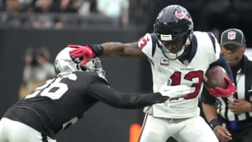 Houston Texans wide receiver Brandin Cooks (13) is pursued by Las Vegas Raiders cornerback (Kirby Lee-USA TODAY Sports)