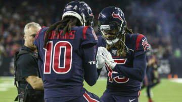 Nov 21, 2019; Houston, TX, USA; Houston Texans wide receiver DeAndre Hopkins (10) celebrates with wide receiver Will Fuller (15) after scoring a touchdown during the second quarter against the Indianapolis Colts at NRG Stadium. Mandatory Credit: Troy Taormina-USA TODAY Sports