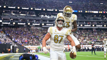 Oct 8, 2022; Paradise, Nevada, USA; Notre Dame Fighting Irish tight end Michael Mayer (87) celebrates with wide receiver Jayden Thomas (83) after a touchdown in the third quarter against the BYU Cougars at Allegiant Stadium. Mandatory Credit: Matt Cashore-USA TODAY Sports