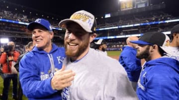 Nov 1, 2015; New York City, NY, USA; (EDITORS NOTE: caption correction) Kansas City Royals pitcher Greg Holland (right) celebrates with manager Ned Yost (left) after defeating the New York Mets in game five of the World Series at Citi Field. The Royals won the World Series four games to one. Mandatory Credit: Robert Deutsch-USA TODAY Sports