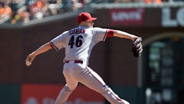 Sep 19, 2015; San Francisco, CA, USA; Arizona Diamondbacks starting pitcher Patrick Corbin (46) pitches the ball against the San Francisco Giants during the first inning at AT&T Park. Mandatory Credit: Kelley L Cox-USA TODAY Sports