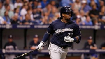 Jul 28, 2014; St. Petersburg, FL, USA; Milwaukee Brewers second baseman Rickie Weeks (23) at bat against the Tampa Bay Rays at Tropicana Field. Mandatory Credit: Kim Klement-USA TODAY Sports
