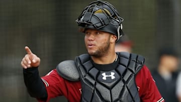 Feb 19, 2016; Scottsdale, AZ, USA; Arizona Diamondbacks catcher Welington Castillo (7) during spring training camp at Salt River Fields. Mandatory Credit: Rick Scuteri-USA TODAY Sports