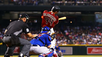 Apr 10, 2016; Phoenix, AZ, USA; Arizona Diamondbacks first baseman Paul Goldschmidt hits a solo home run in the fourth inning against the Chicago Cubs at Chase Field. Mandatory Credit: Mark J. Rebilas-USA TODAY Sports