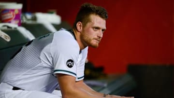 Apr 5, 2016; Phoenix, AZ, USA; Arizona Diamondbacks starting pitcher Shelby Miller (26) sits in the dugout during the game against the Colorado Rockies at Chase Field. The Diamondbacks won 11-6. Mandatory Credit: Jennifer Stewart-USA TODAY Sports