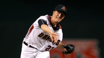 Apr 4, 2016; Phoenix, AZ, USA; Arizona Diamondbacks pitcher Zack Greinke against the Colorado Rockies during Opening Day at Chase Field. Mandatory Credit: Mark J. Rebilas-USA TODAY Sports