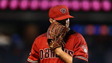 Apr 24, 2016; Phoenix, AZ, USA; Arizona Diamondbacks pitcher Evan Marshall reacts against the Pittsburgh Pirates at Chase Field. Mandatory Credit: Mark J. Rebilas-USA TODAY Sports