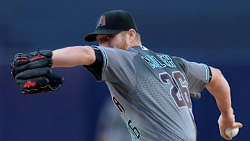 Apr 16, 2016; San Diego, CA, USA; Arizona Diamondbacks starting pitcher Shelby Miller (26) throws the ball during the first inning against the San Diego Padres at Petco Park. Mandatory Credit: Jake Roth-USA TODAY Sports