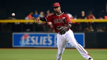 May 15, 2016; Phoenix, AZ, USA; Arizona Diamondbacks infielder Jean Segura (2) makes the out at first in the sixth inning against the San Francisco Giants at Chase Field. Mandatory Credit: Jennifer Stewart-USA TODAY Sports