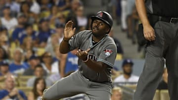 Jul 29, 2016; Los Angeles, CA, USA; Arizona Diamondbacks center fielder Michael Bourn (1) celebrates scoring against the Los Angeles Dodgers during the seventh inning at Dodger Stadium. Mandatory Credit: Richard Mackson-USA TODAY Sports