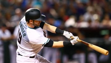 Aug 16, 2016; Phoenix, AZ, USA; Arizona Diamondbacks outfielder Mitch Haniger hits an RBI double in the seventh inning against the New York Mets at Chase Field. Mandatory Credit: Mark J. Rebilas-USA TODAY Sports