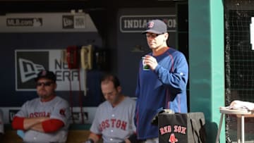 Oct 4, 2015; Cleveland, OH, USA; Boston Red Sox interim manager Torey Lovullo (right) stands in the dugout prior to a game against the Cleveland Indians at Progressive Field. Cleveland won 3-1. Mandatory Credit: David Richard-USA TODAY Sports