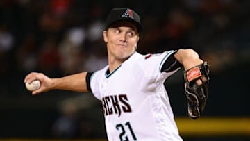 Jun 7, 2016; Phoenix, AZ, USA; Arizona Diamondbacks starting pitcher Zack Greinke (21) delivers a pitch in the first inning against the Tampa Bay Rays at Chase Field. Mandatory Credit: Jennifer Stewart-USA TODAY Sports