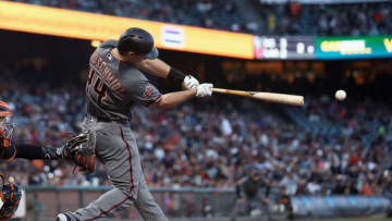SAN FRANCISCO, CA - JUNE 04: Paul Goldschmidt #44 of the Arizona Diamondbacks hits a single in the fourth inning against the San Francisco Giants at AT&T Park on June 4, 2018 in San Francisco, California. (Photo by Ezra Shaw/Getty Images)