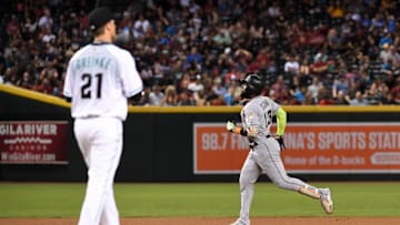 PHOENIX, AZ - SEPTEMBER 22: Marcell Ozuna #13 of the Miami Marlins rounds the bases after hitting a solo home run off of Zack Greinke #21 of the Arizona Diamondbacks during the fourth inning at Chase Field on September 22, 2017 in Phoenix, Arizona. It was Ozunas second home run of the game. (Photo by Norm Hall/Getty Images)