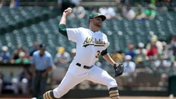 Jul 1, 2015; Oakland, CA, USA; Oakland Athletics starting pitcher Jesse Hahn (32) pitches against the Colorado Rockies during the first inning at O.co Coliseum. Mandatory Credit: Kelley L Cox-USA TODAY Sports