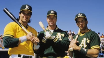 Oakland Athletics' three rookies of the year, Jose Canseco, Mark McGuire, and Walter Weiss, 1989. Photo by Ron Riesterer