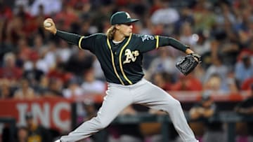 September 30, 2015; Anaheim, CA, USA; Oakland Athletics relief pitcher Ryan Dull (66) pitches the eighth inning against the Los Angeles Angels at Angel Stadium of Anaheim. Mandatory Credit: Gary A. Vasquez-USA TODAY Sports