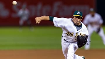 Apr 15, 2016; Oakland, CA, USA; Oakland Athletics relief pitcher Ryan Dull throws against the Kansas City Royals in the eighth inning at O.co Coliseum. Royals won 4-2. Mandatory Credit: John Hefti-USA TODAY Sports