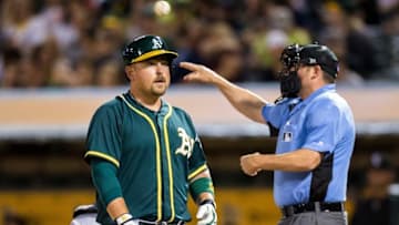 Apr 6, 2016; Oakland, CA, USA; Oakland Athletics designated hitter Billy Butler (16) reacts in the game against the Chicago White Sox in the fourth inning at O.co Coliseum. Mandatory Credit: John Hefti-USA TODAY Sports