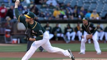 June 15, 2016; Oakland, CA, USA; Oakland Athletics starting pitcher Sonny Gray (54) throws to the Texas Rangers in the first inning of their MLB baseball game at O.co Coliseum. Mandatory Credit: Lance Iversen-USA TODAY Sports