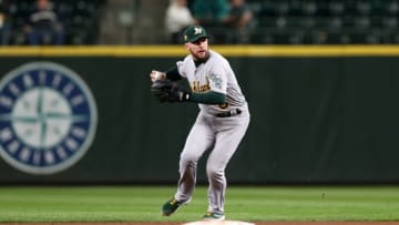 SEATTLE - SEPTEMBER 24: Jed Lowrie #8 of the Oakland Athletics plays second base during the game against the Seattle Mariners at Safeco Field on September 24, 2018 in Seattle, Washington. The Athletics defeated the Mariners 7-3. (Photo by Rob Leiter/MLB Photos via Getty Images)