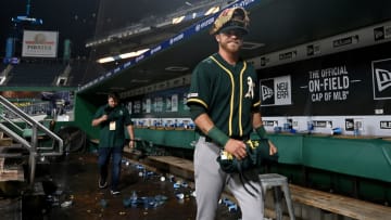 PITTSBURGH, PA - MAY 03: Skye Bolt #49 of the Oakland Athletics walks off the field following his Major League Debut in a 14-1 win over the Pittsburgh Pirates at PNC Park on May 3, 2019 in Pittsburgh, Pennsylvania. (Photo by Justin Berl/Getty Images)