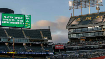 OAKLAND, CA - MAY 07: General view of a faulty light tower in left field before the game between the Oakland Athletics and the Cincinnati Reds at the Oakland Coliseum on May 7, 2019 in Oakland, California. The Oakland Athletics defeated the Cincinnati Reds 2-0. (Photo by Jason O. Watson/Getty Images)