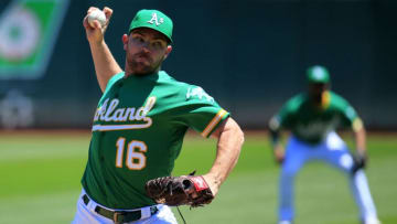 OAKLAND, CALIFORNIA - MAY 11: Liam Hendriks #16 of the Oakland Athletics pitches during the first inning against the Cleveland Indians at Oakland-Alameda County Coliseum on May 11, 2019 in Oakland, California. (Photo by Daniel Shirey/Getty Images)