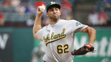 ARLINGTON, TX - JUNE 9: Lou Trivino #62 of the Oakland Athletics throws against the Texas Rangers during the seventh inning at Globe Life Park in Arlington on June 9, 2019 in Arlington, Texas. The Athletics won 9-8. (Photo by Ron Jenkins/Getty Images)