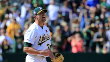 OAKLAND, CALIFORNIA - MAY 27: Blake Treinen #39 of the Oakland Athletics reacts to striking out Mike Trout #27 of the Los Angeles Angels to get the save and beat the Los Angeles Angels at Oakland-Alameda County Coliseum on May 27, 2019 in Oakland, California. (Photo by Daniel Shirey/Getty Images)