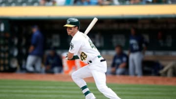 OAKLAND, CA - MAY 26: Skye Bolt #49 of the Oakland Athletics bats during the game against the Seattle Mariners at the Oakland-Alameda County Coliseum on May 26, 2019 in Oakland, California. The Athletics defeated the Mariners 7-1. (Photo by Michael Zagaris/Oakland Athletics/Getty Images)