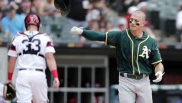 CHICAGO, ILLINOIS - AUGUST 11: Matt Chapman #26 of the Oakland Athletics throws his helmet after he struck out during the fifth inning of a game against the Chicago White Sox at Guaranteed Rate Field on August 11, 2019 in Chicago, Illinois. (Photo by Nuccio DiNuzzo/Getty Images)