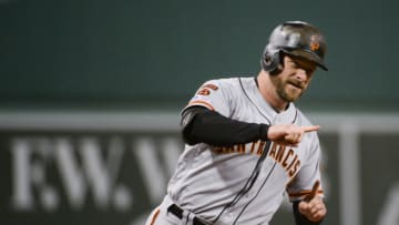 BOSTON, MA - SEPTEMBER 18: Stephen Vogt #21 of the San Francisco Giants reacts after hitting a home run against the Boston Red Sox in the first inning at Fenway Park on September 18, 2019 in Boston, Massachusetts. (Photo by Kathryn Riley/Getty Images)