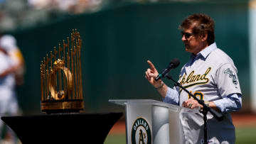 OAKLAND, CA - AUGUST 25: Former manager Tony La Russa of the Oakland Athletics speaks during a ceremony honoring the 1989 World Series championship team before the game against the San Francisco Giants at the RingCentral Coliseum on August 25, 2019 in Oakland, California. The San Francisco Giants defeated the Oakland Athletics 5-4. (Photo by Jason O. Watson/Getty Images)