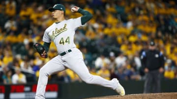 SEATTLE, WA - SEPTEMBER 26: Jesus Luzardo #44 of the Oakland Athletics delivers in the seventh inning against the Seattle Mariners at T-Mobile Park on September 26, 2019 in Seattle, Washington. The Oakland Athletics beat the Seattle Mariners 3-1. (Photo by Lindsey Wasson/Getty Images)