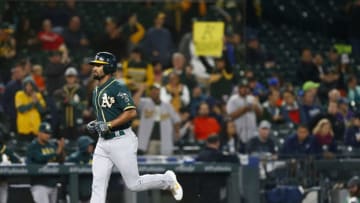 SEATTLE, WA - SEPTEMBER 27: Marcus Semien #10 of the Oakland Athletics rounds the bases after hitting a home run in the first inning against the Seattle Mariners at T-Mobile Park on September 27, 2019 in Seattle, Washington. (Photo by Lindsey Wasson/Getty Images)