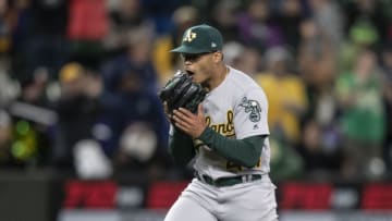 SEATTLE, WA - SEPTEMBER 28: Relief pitcher Jesus Luzardo #44 of the Oakland Athletics reacts after the final out of a game against the Seattle Mariners at T-Mobile Park on September 28, 2019 in Seattle, Washington. The Athletics won 1-0. (Photo by Stephen Brashear/Getty Images)
