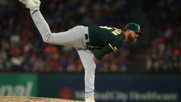 ARLINGTON, TEXAS - SEPTEMBER 14: Paul Blackburn #58 of the Oakland Athletics pitches in the fourth inning against the Texas Rangers at Globe Life Park in Arlington on September 14, 2019 in Arlington, Texas. (Photo by Richard Rodriguez/Getty Images)