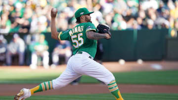OAKLAND, CALIFORNIA - OCTOBER 02: Sean Manaea #55 of the Oakland Athletics throws a pitch against the Tampa Bay Rays in the first inning of the American League Wild Card Game at RingCentral Coliseum on October 02, 2019 in Oakland, California. (Photo by Thearon W. Henderson/Getty Images)