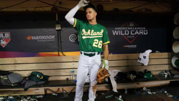 OAKLAND, CALIFORNIA - OCTOBER 02: Matt Chapman #26 of the Oakland Athletics sits in the dugout after being defeated 5-1 by the Tampa Bay Rays during the American League Wild Card Game at RingCentral Coliseum on October 02, 2019 in Oakland, California. (Photo by Thearon W. Henderson/Getty Images)